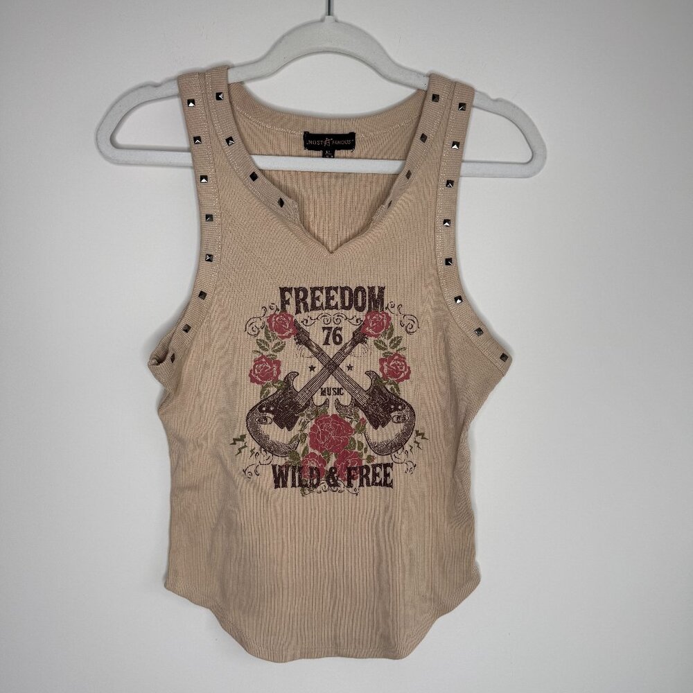 Almost Famous Studded Curved Hem Notch Neck Tank Top